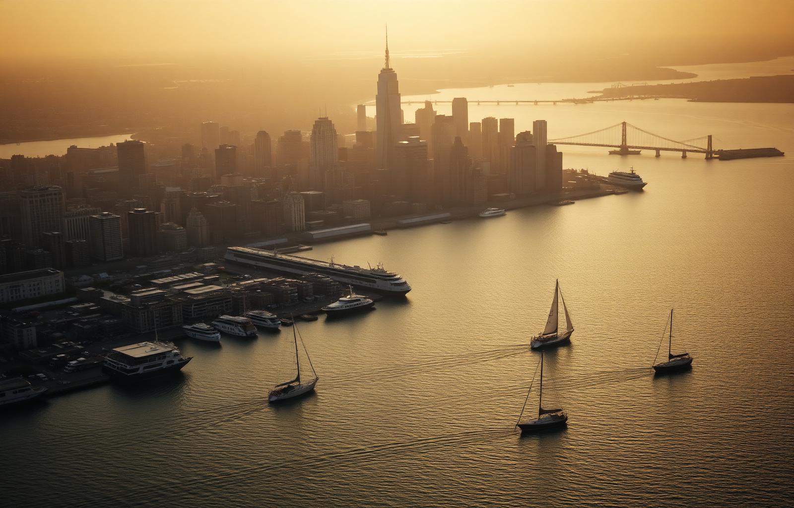 Aerial view of the New York City waterfront at golden hour with sailboats on the harbor