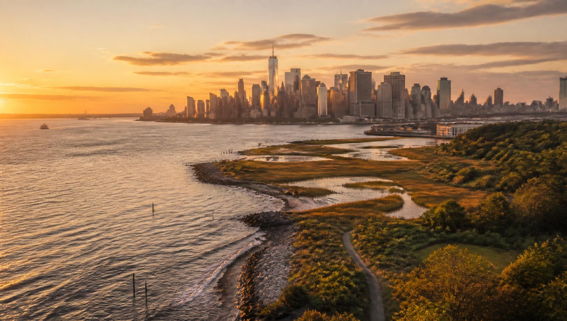New York City waterfront at golden hour